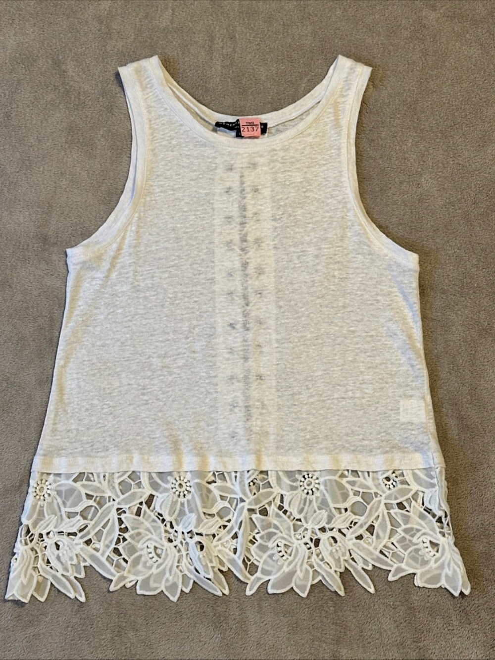 Generation Love Leah White Linen Tank Top -Small- Floral Lace Hem Back Lace-Up